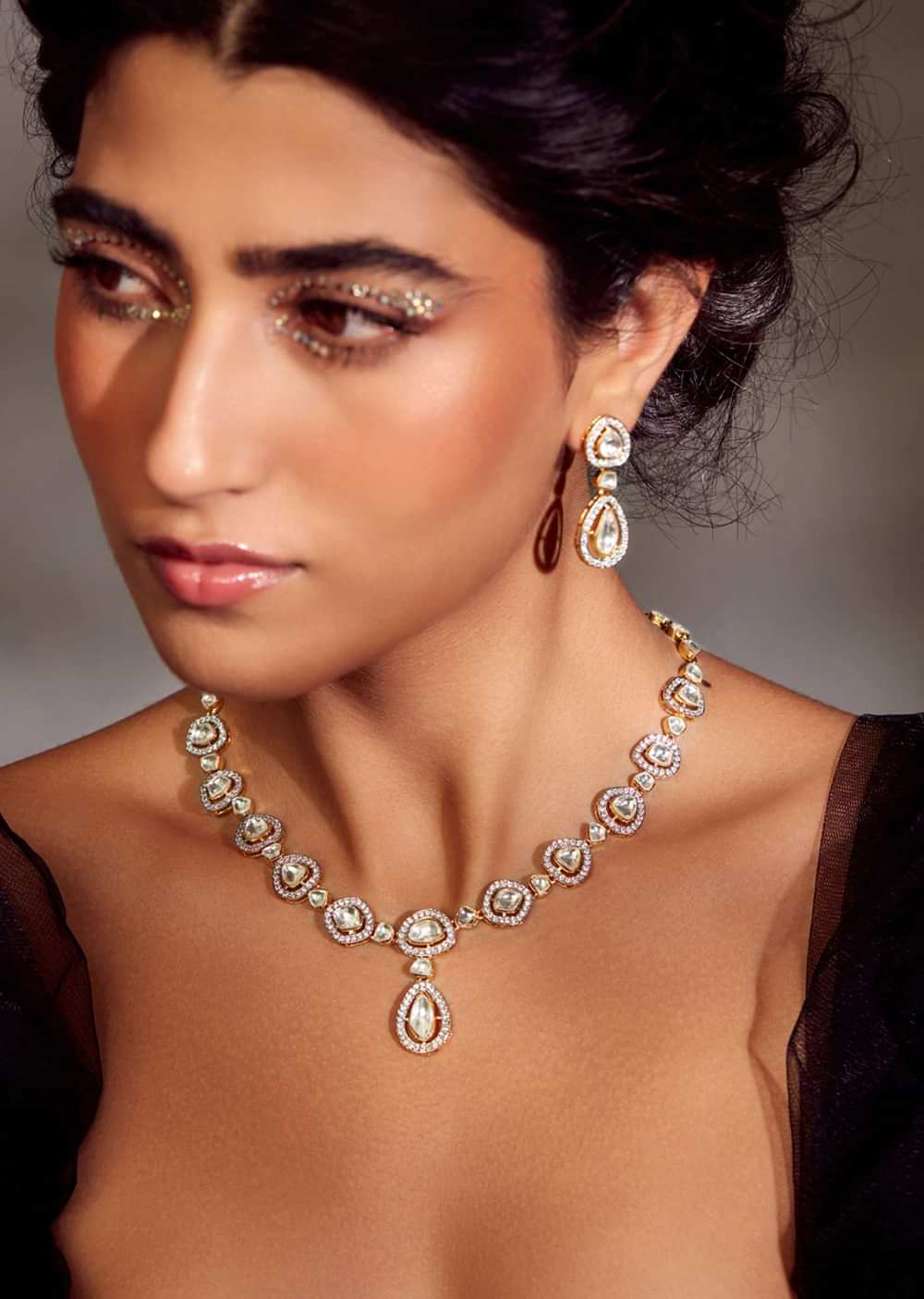 Silver Victorian Polki Necklace Set In Gold Plated Silver Alloy