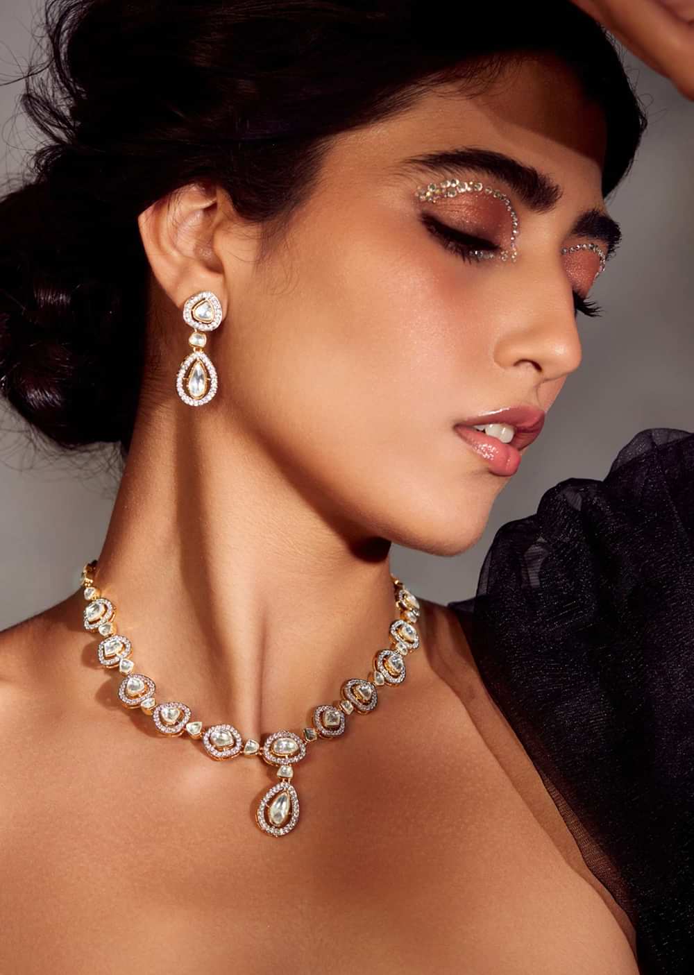 Silver Victorian Polki Necklace Set In Gold Plated Silver Alloy