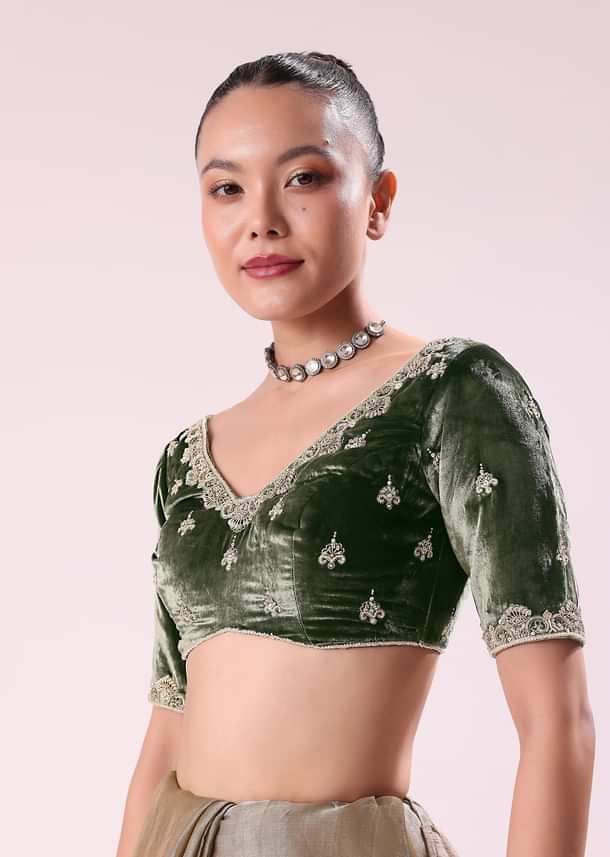 Silver Zari Tissue Saree With Embroidered Emerald Green Stitched Blouse