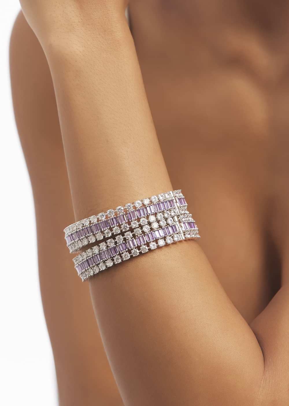Silver Zircon Bangles Set With Lavender Accents