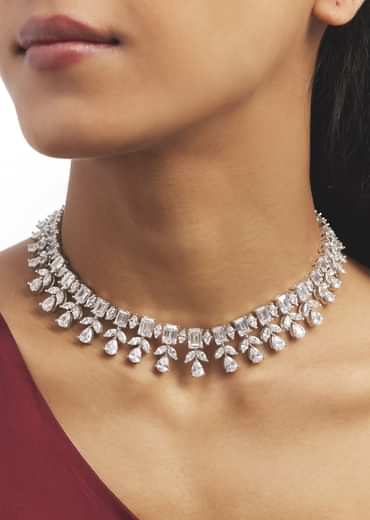 Silver Zircon Droplet Choker Set