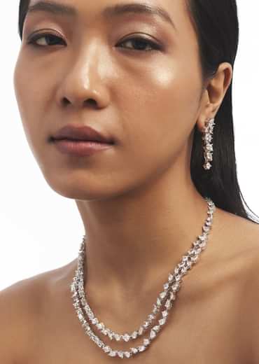 Silver Zircon Embellished Layered Necklace And Earrings Set