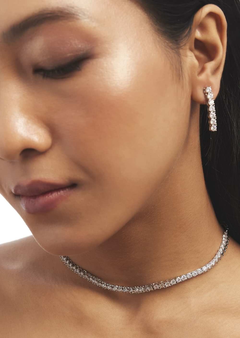 Silver Zircon Short Necklace Set