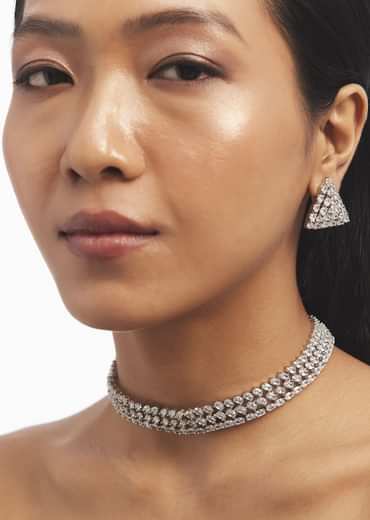 Silver Zircon Studded Choker And Triangle Earrings Set