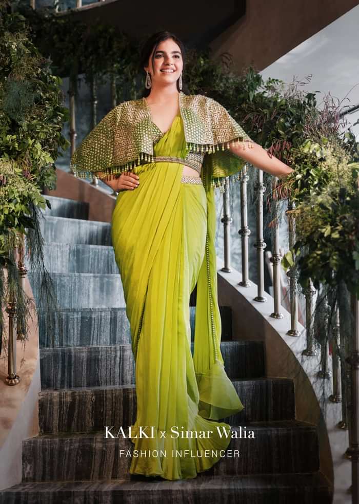 Citrus Green Pre Stitched Crepe Saree with Net Cape and V-Neck Crop Top