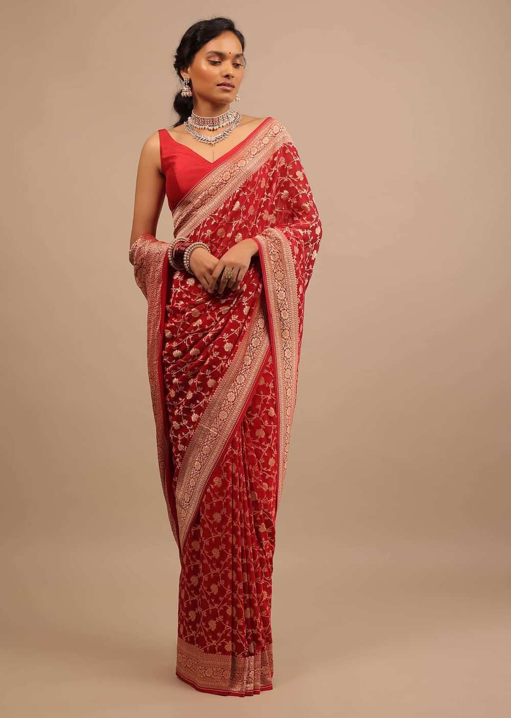 Cherry Red Saree In Georgette With Jaal Work In Golden Zari