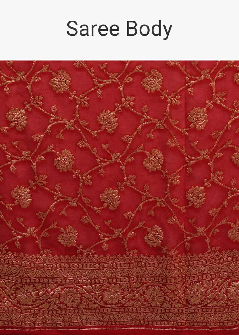 Cherry Red Saree In Georgette With Jaal Work In Golden Zari
