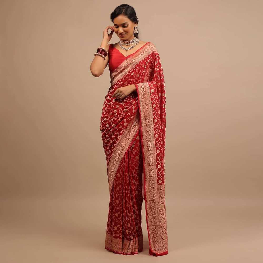 Cherry Red Saree In Georgette With Jaal Work In Golden Zari
