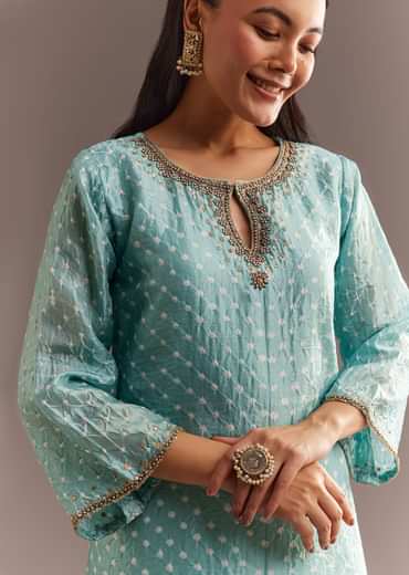 Sky Blue Bandhani Embroidered Kurta Dhoti