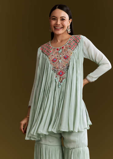 Sky Blue Chinon Flared Kurta Set With Thread Work