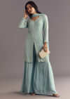 Sky Blue Chinon Kurta Dupatta Set With Moti And Cutdana Work
