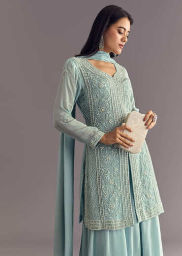 Sky Blue Chinon Kurta Dupatta Set With Moti And Cutdana Work