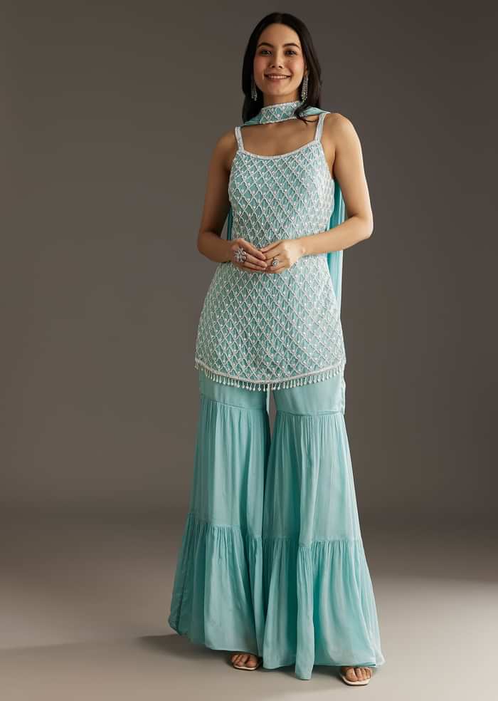 Sky Blue Chinon Sharara Suit Set With Choker Style Dupatta