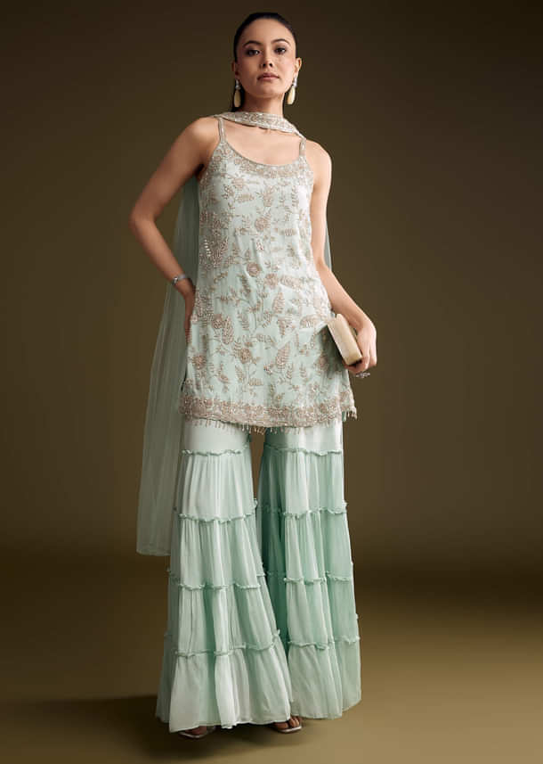 Sky Blue Chinon Sharara Suit With Sequins And Moti Sky Blue Chinon Sharara Suit With Sequins And Moti