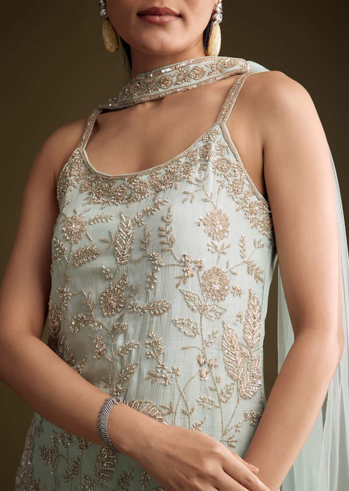 Sky Blue Chinon Sharara Suit With Sequins And Moti