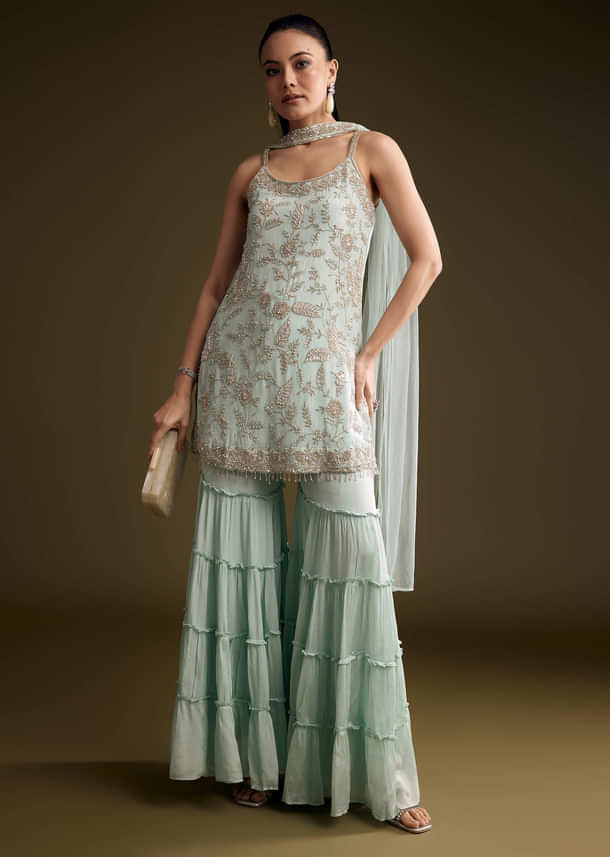 Sky Blue Chinon Sharara Suit With Sequins And Moti Sky Blue Chinon Sharara Suit With Sequins And Moti
