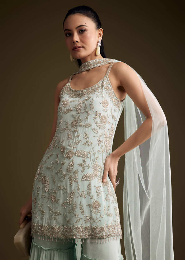 Sky Blue Chinon Sharara Suit With Sequins And Moti
