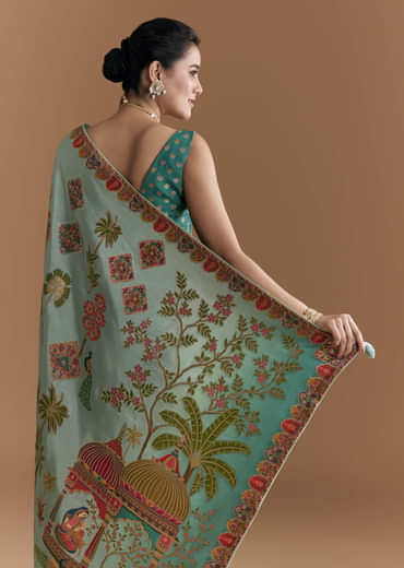 Sky Blue Dola Silk Saree With Madhubani Weave And Embroidery