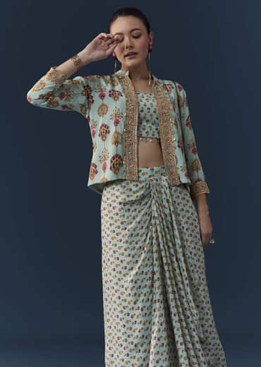 Sky Blue Floral Print Crop Top Skirt Set with Sequins Work Jacket
