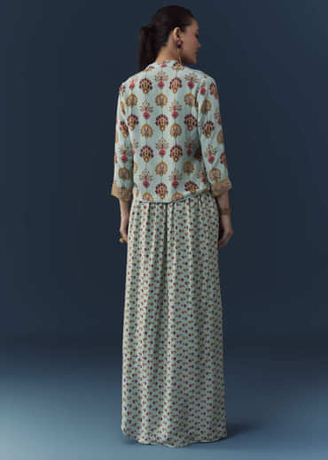 Sky Blue Floral Print Crop Top Skirt Set with Sequins Work Jacket