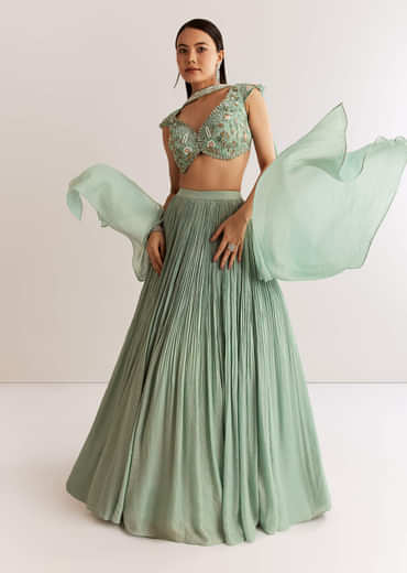Sky Blue French Tissue Choli Set With Cutdana Moti And Beads