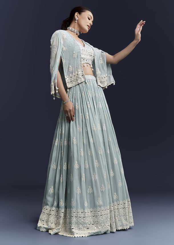 Sky Blue Georgette Bridesmaid Lehenga With Sequins And Thread Embroidery Sky Blue Georgette Bridesmaid Lehenga With Sequins And Thread Embroidery