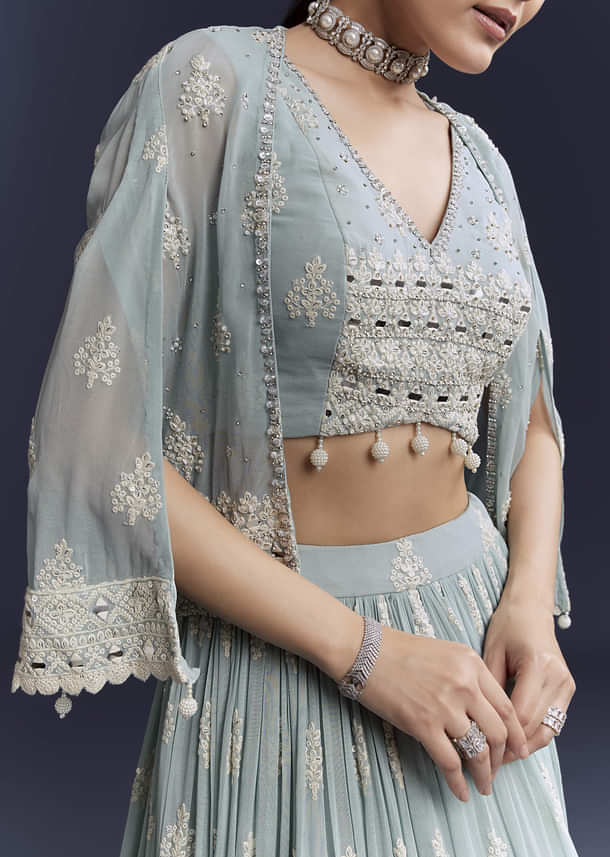 Sky Blue Georgette Bridesmaid Lehenga With Sequins And Thread Embroidery Sky Blue Georgette Bridesmaid Lehenga With Sequins And Thread Embroidery