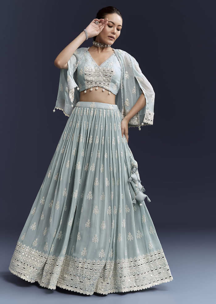 Sky Blue Georgette Bridesmaid Lehenga With Sequins And Thread Embroidery