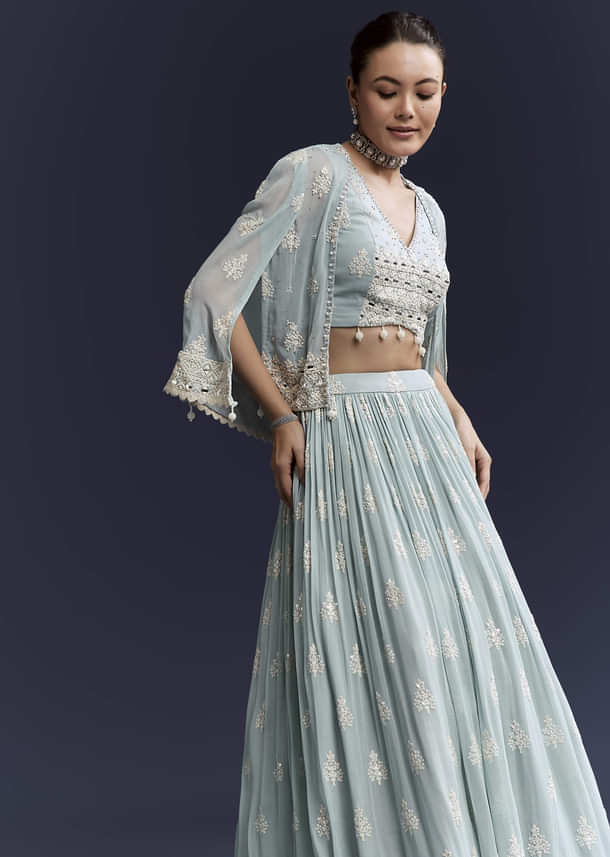 Sky Blue Georgette Bridesmaid Lehenga With Sequins And Thread Embroidery Sky Blue Georgette Bridesmaid Lehenga With Sequins And Thread Embroidery