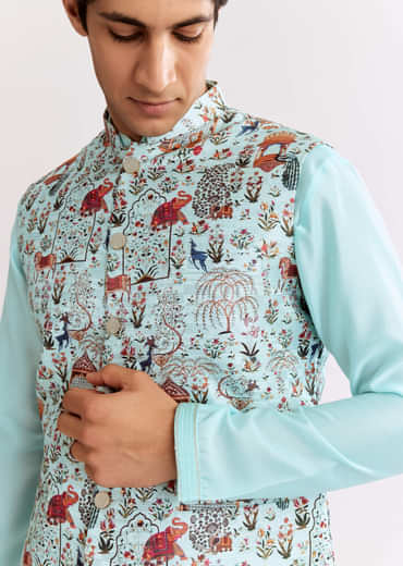 Sky Blue Jacquard Kurta Jacket Set With Animal Print