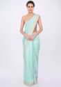 Sky blue linen saree in floral jaal embroidery only on kalki