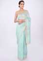 Sky blue linen saree in floral jaal embroidery only on kalki