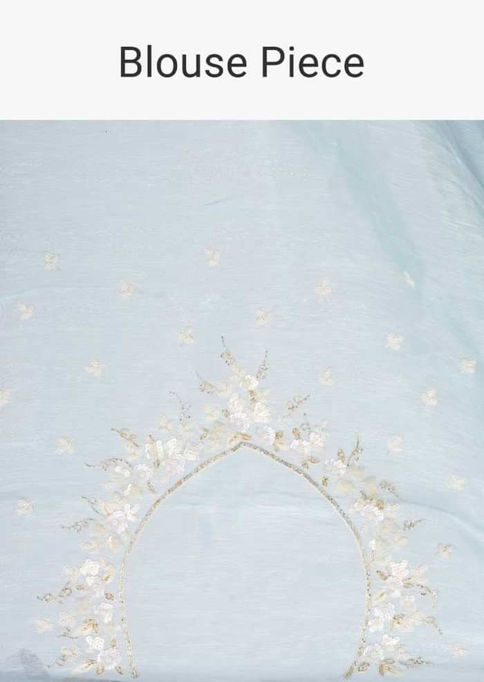 Sky blue linen saree in sequins and cut dana embroidery only on Kalki