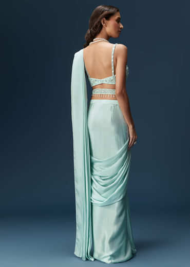 Sky Blue Ready Pleated Saree With Blouse And Belt
