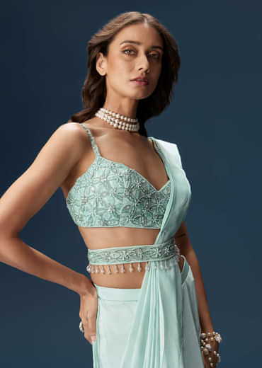 Sky Blue Ready Pleated Saree With Blouse And Belt