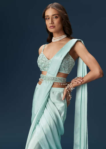 Sky Blue Ready Pleated Saree With Blouse And Belt