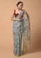 Sky Blue Saree In Organza With Floral Print And Moti Accents