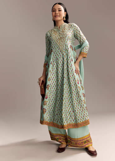 Sky Blue Silk Anarkali Suit With Boho Multi Print