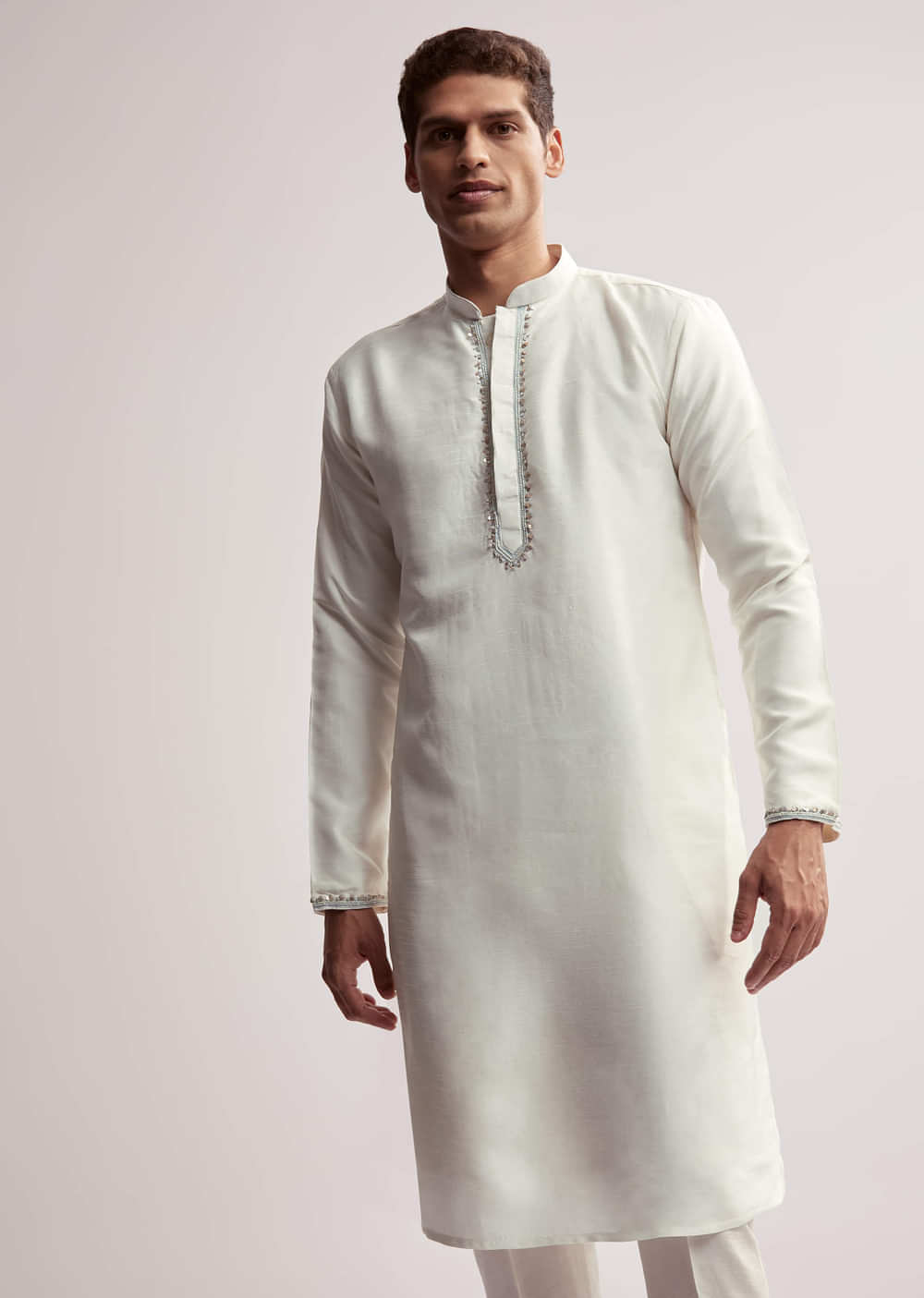 Sky Blue Silk Kurta Jacket Set For Men With Hand Embroidery