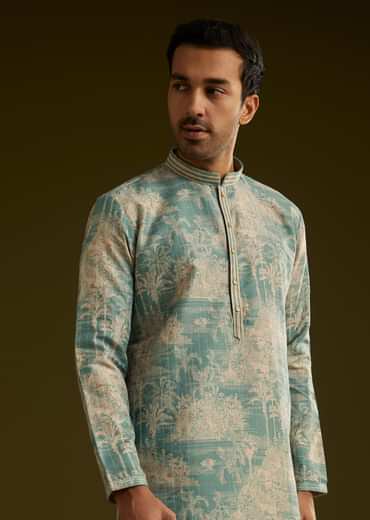 Sky Blue Silk Printed Kurta Set With Tree Motifs