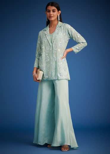 Sky Blue Tissue Embroidered Jacket Palazzo Set