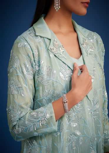 Sky Blue Tissue Embroidered Jacket Palazzo Set