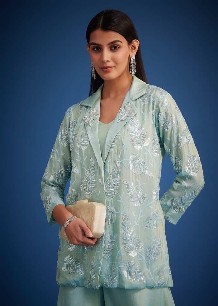Sky Blue Tissue Embroidered Jacket Palazzo Set
