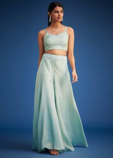 Sky Blue Tissue Embroidered Jacket Palazzo Set