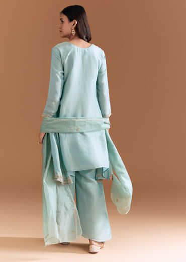 Sky Blue Tissue Kurta Set With Zardosi Embroidery
