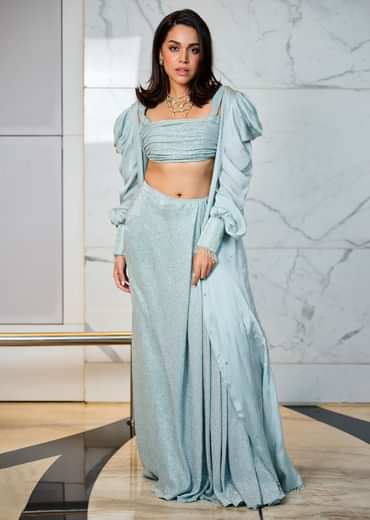 Sky Blue Back Open Blouse With Draped Skirt And Puff Jacket