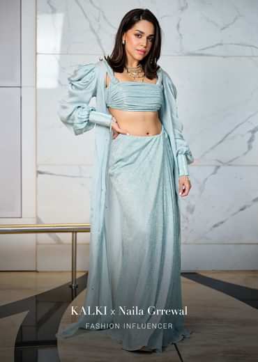 Sky Blue Back Open Blouse With Draped Skirt And Puff Jacket