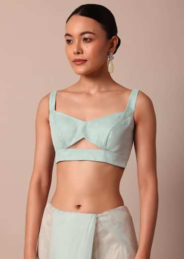 Sky Blue Chikankari Saree In Organza Silk With Scallop Border And Unstitched Blouse Fabric