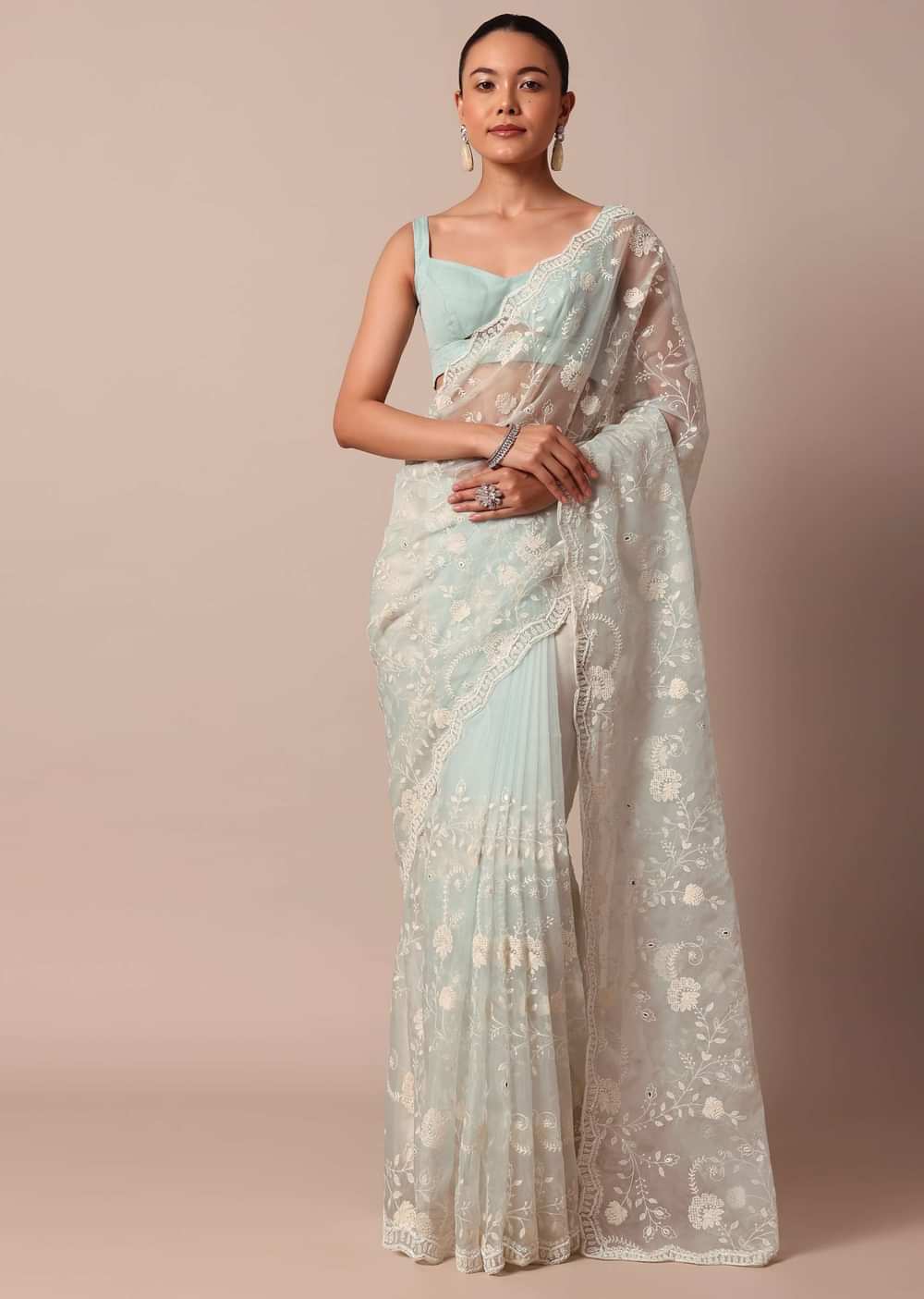 Sky Blue Chikankari Saree In Organza Silk With Scallop Border And Unstitched Blouse Fabric
