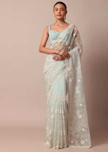 Sky Blue Chikankari Saree In Organza Silk With Scallop Border And Unstitched Blouse Fabric